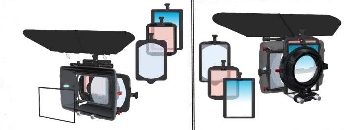 Exploded view of a camera with various components like lens, screen, and filters displayed in a step-by-step assembly layout.