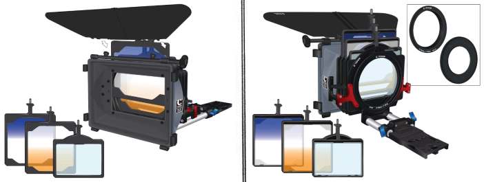 Illustration of a professional camera matte box setup with multiple filters and accessories, shown from different angles.