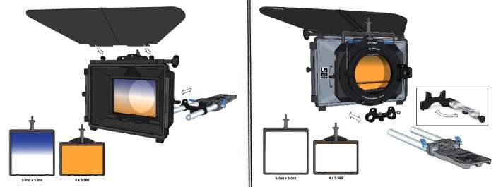 Illustration showing two configurations of a camera monitor with sunshades, focusing screens, and mount accessories.