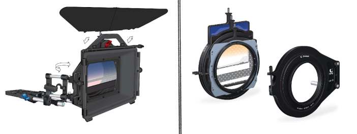Two images of camera equipment: on the left, a matte box with a top flag, on the right, an adapter ring for a camera lens.