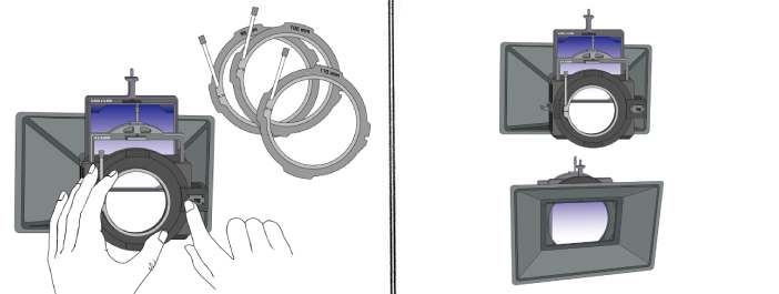 Illustration showing the assembly process of a lens and a frame, with human hands aligning parts.