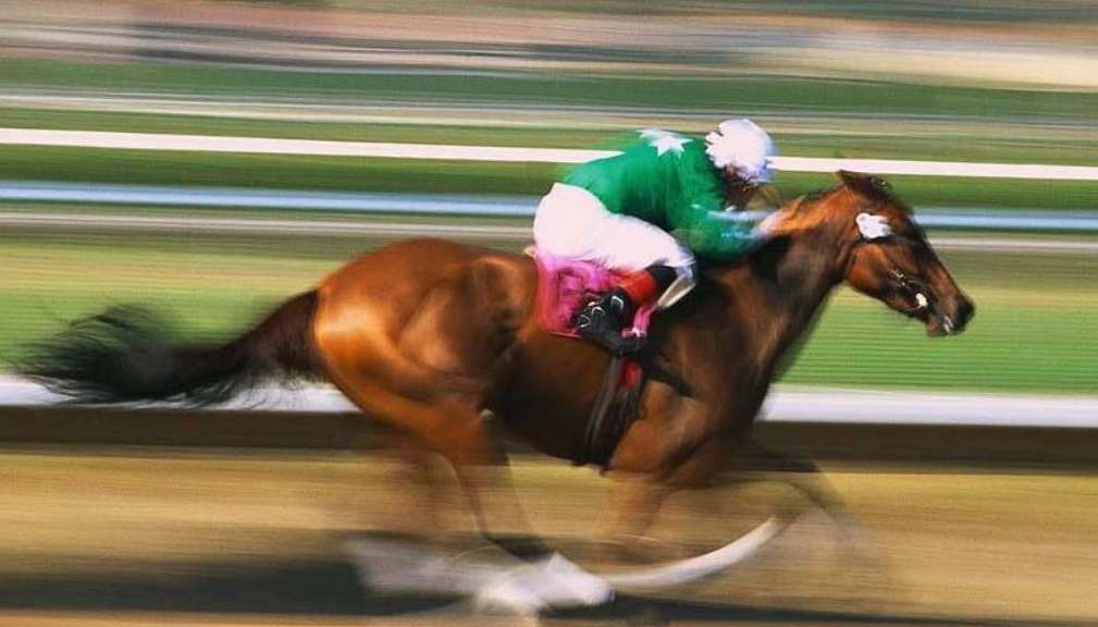 A motion blur photo of a jockey in green and white silks riding a galloping horse on a racetrack.